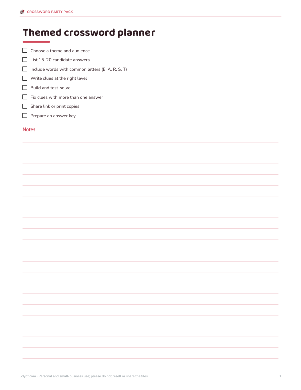 Preview of Printable Themed Crossword Planner